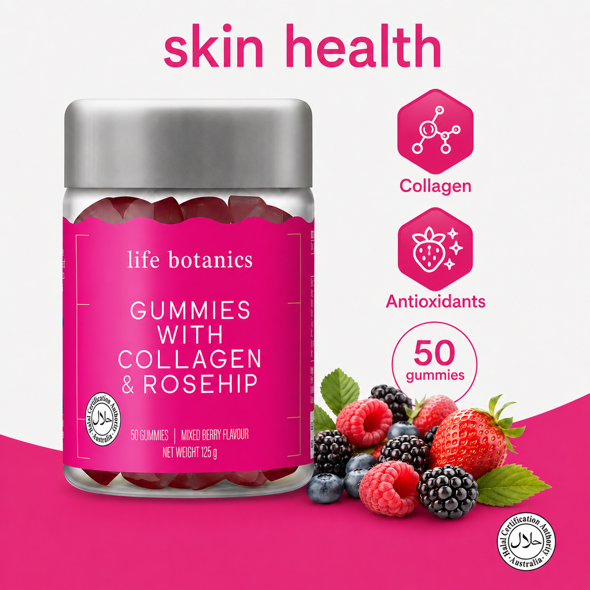 Life Botanics Collagen + Rosehip Gummies 50s bottle product photography
