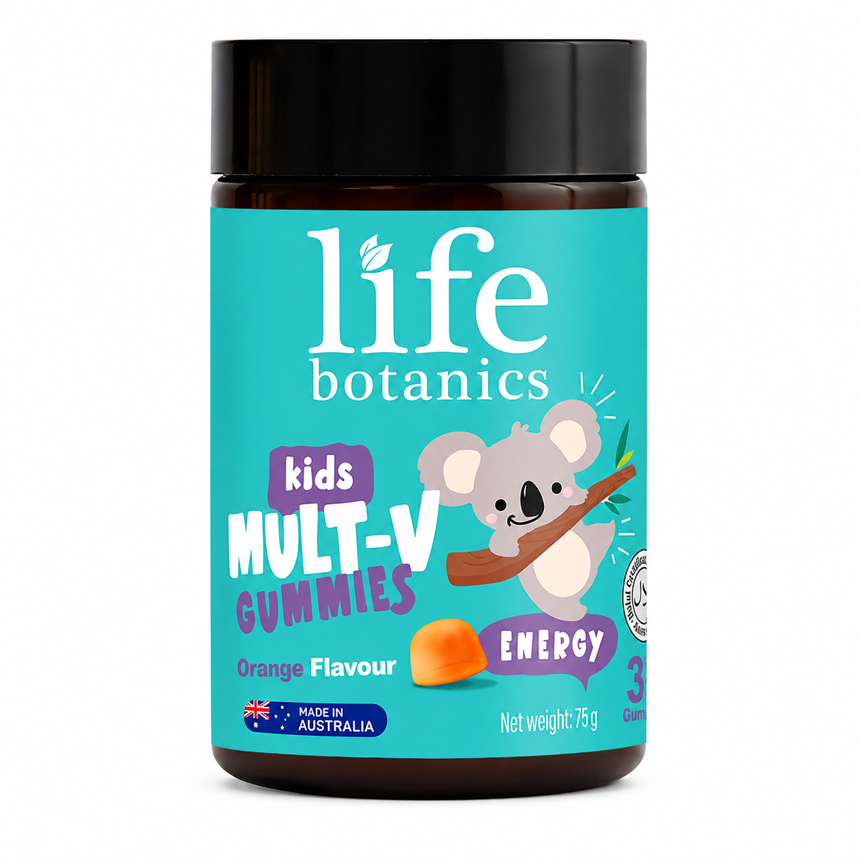 A jar of Life Botanics Kids Mult-V Gummies Energy Orange Flavour, featuring a bright turquoise label with a cartoon koala and orange graphic, set against a plain white background.