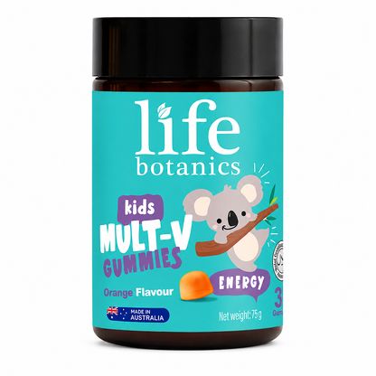 A jar of Life Botanics Kids Mult-V Gummies Energy Orange Flavour, featuring a bright turquoise label with a cartoon koala and orange graphic, set against a plain white background.