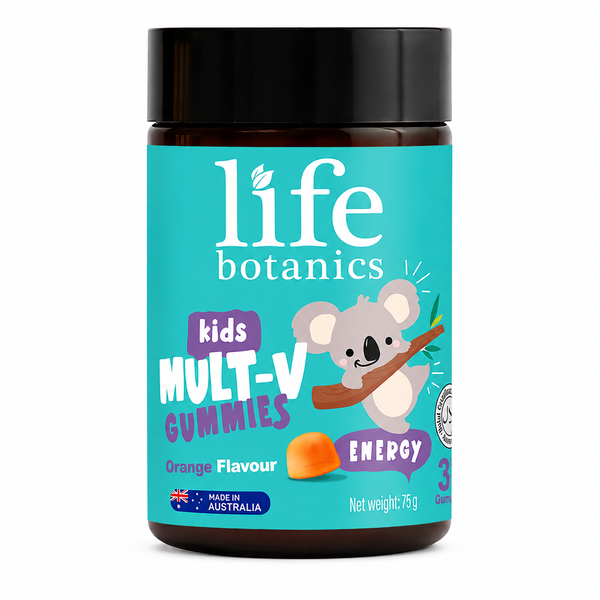A jar of Life Botanics Kids Mult-V Gummies Energy Orange Flavour, featuring a bright turquoise label with a cartoon koala and orange graphic, set against a plain white background.
