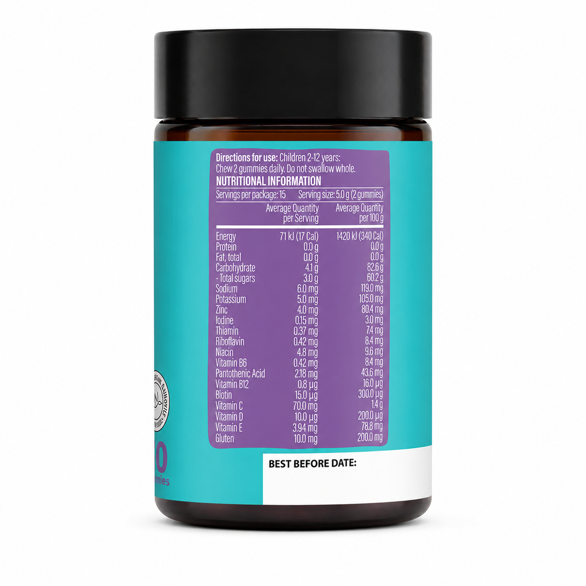 A supplement bottle with a black cap and a teal label featuring a purple nutritional information panel and white text, shown on a plain white background.