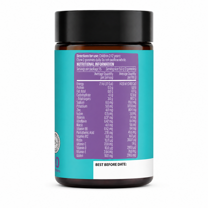 A supplement bottle with a black cap and a teal label featuring a purple nutritional information panel and white text, shown on a plain white background.