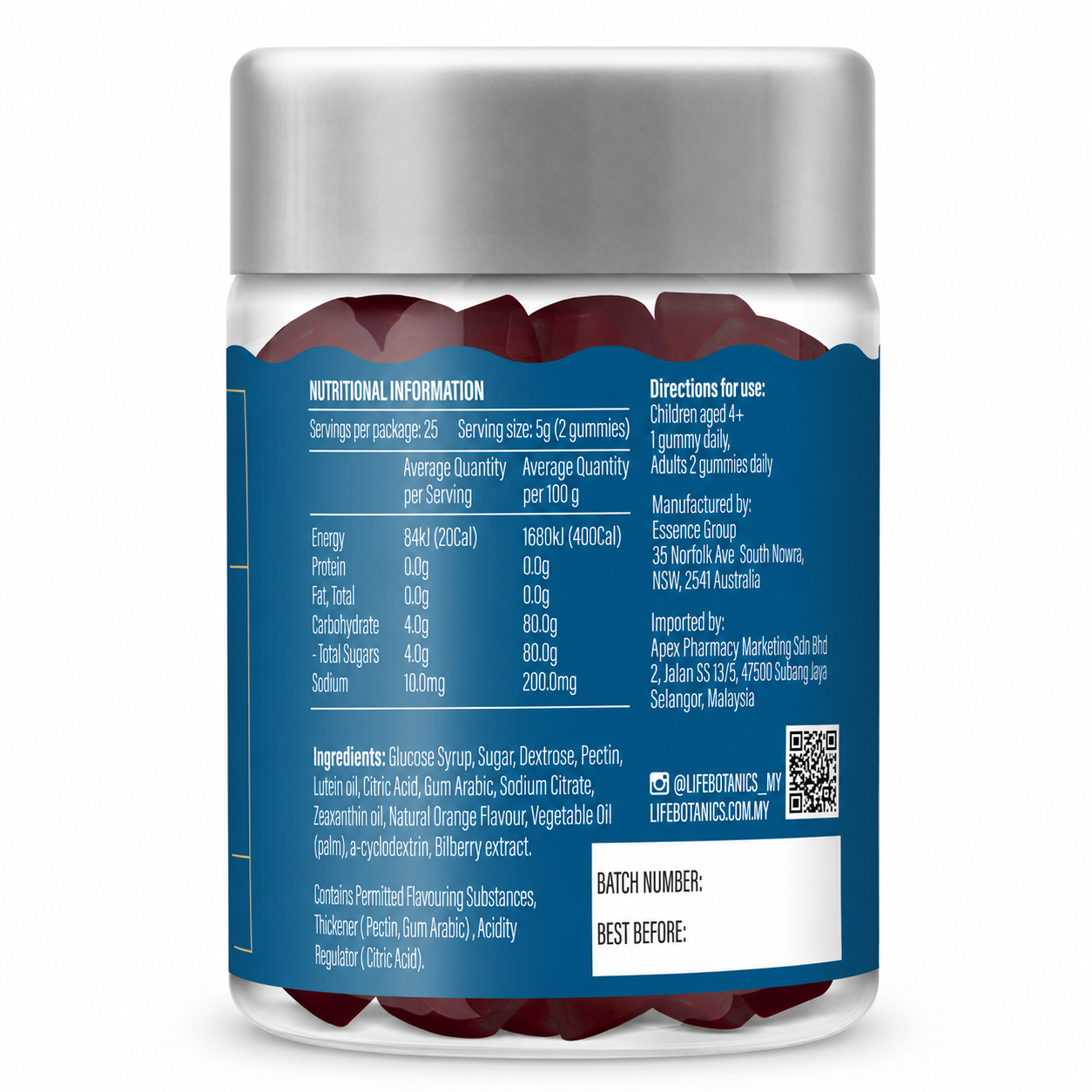 Life Botanics Bluelight Gummies 50s nutrition information panel