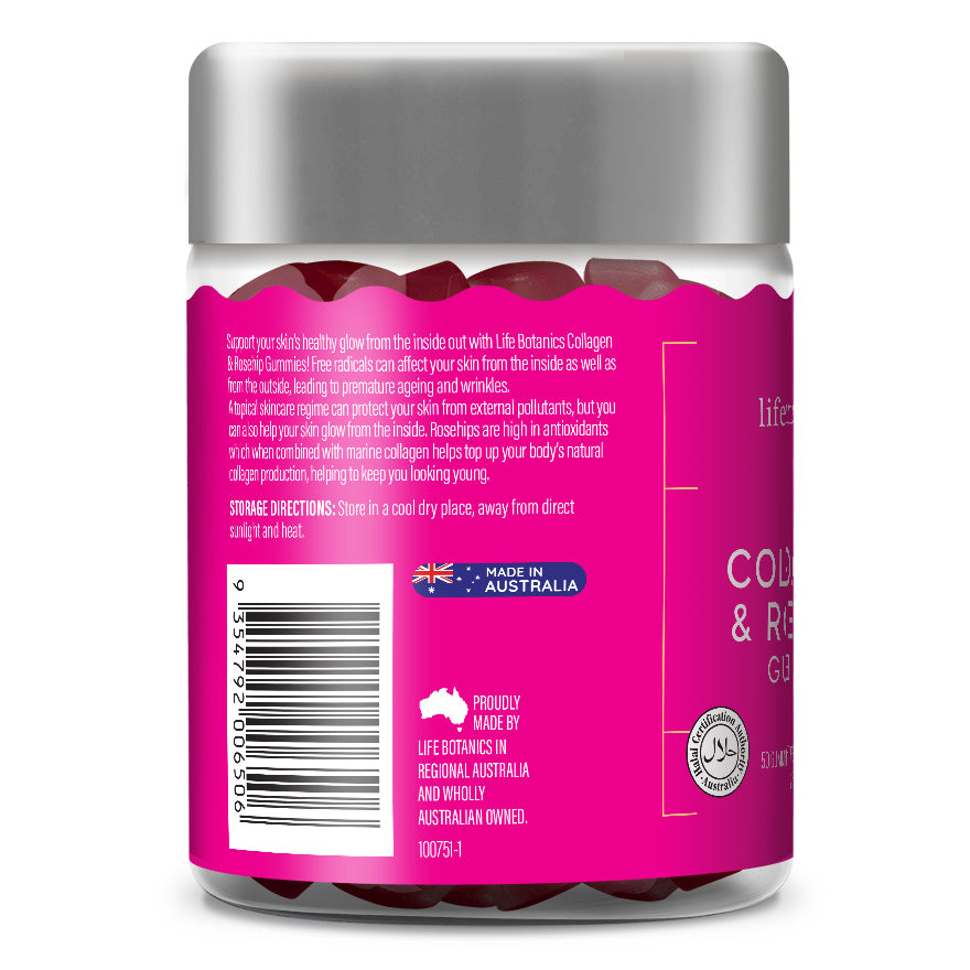 Life Botanics Collagen + Rosehip Gummies 50s front of pack label
