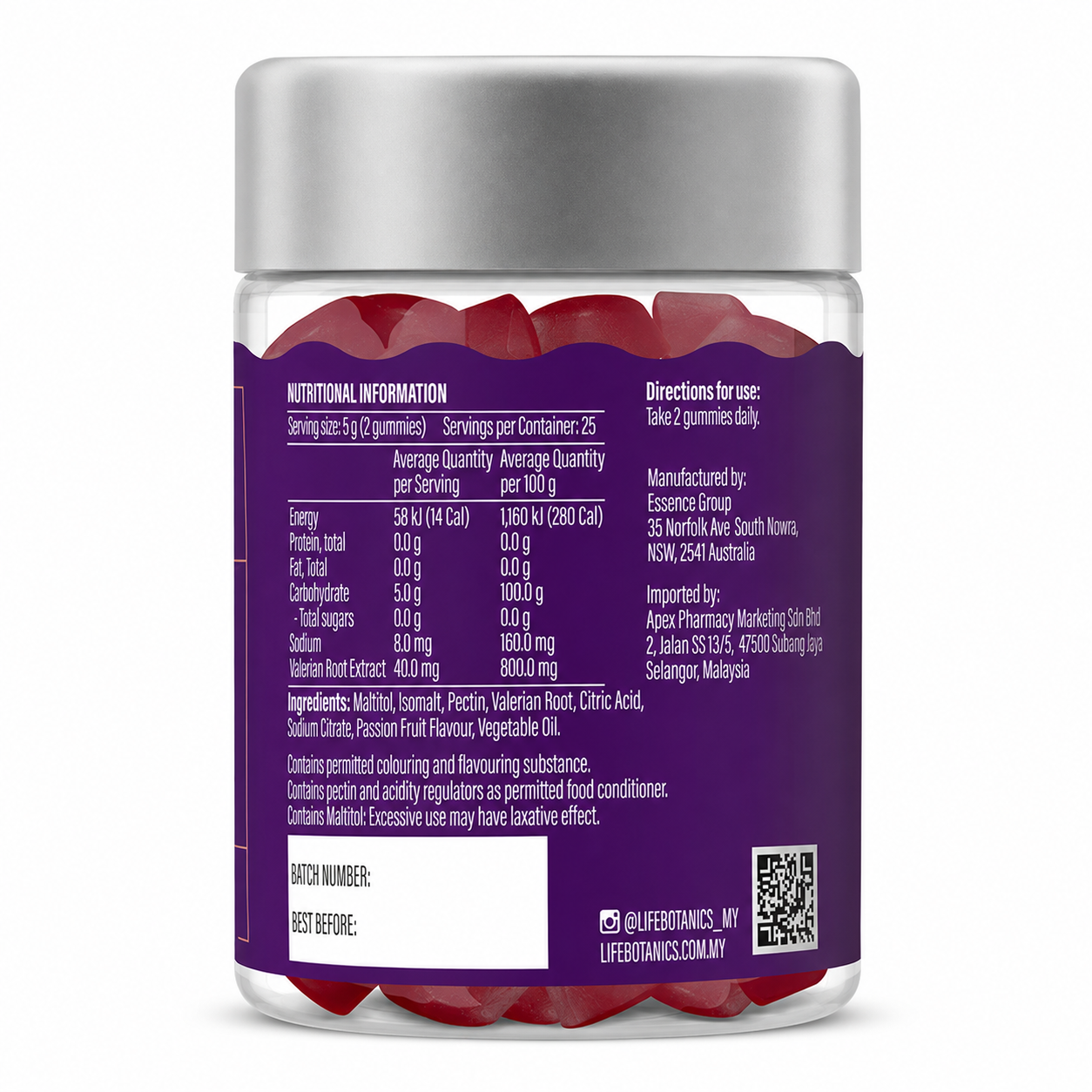 Life Botanics EzyNight Gummies 50s nutrition information panel