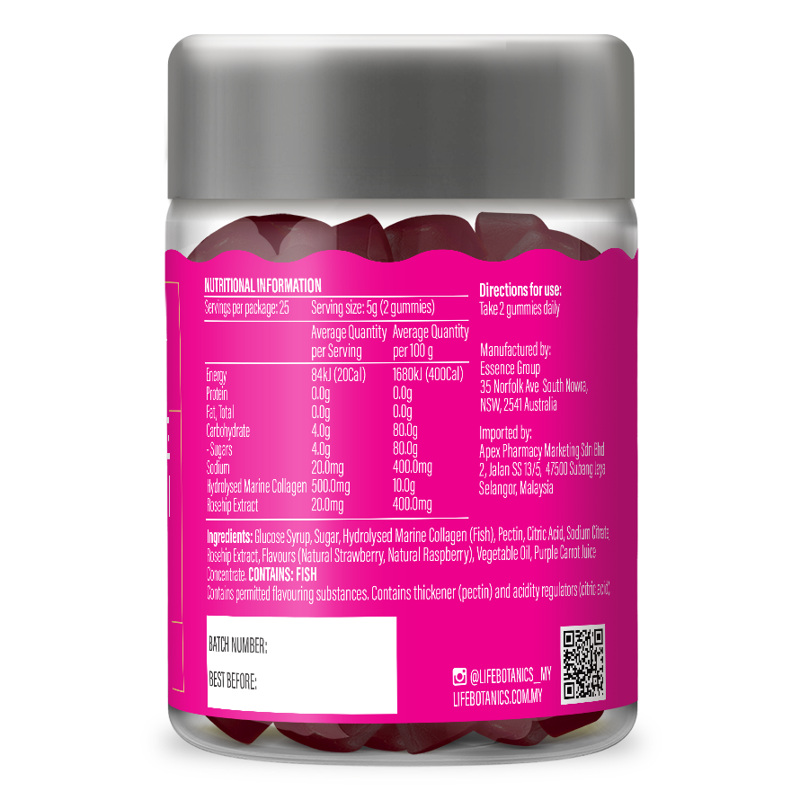 Life Botanics Collagen + Rosehip Gummies 50s side panel with supplement facts
