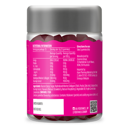 Life Botanics Collagen + Rosehip Gummies 50s side panel with supplement facts