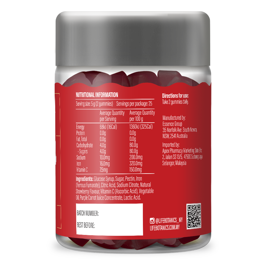 Life Botanics Iron Gummies 50s side panel with supplement facts